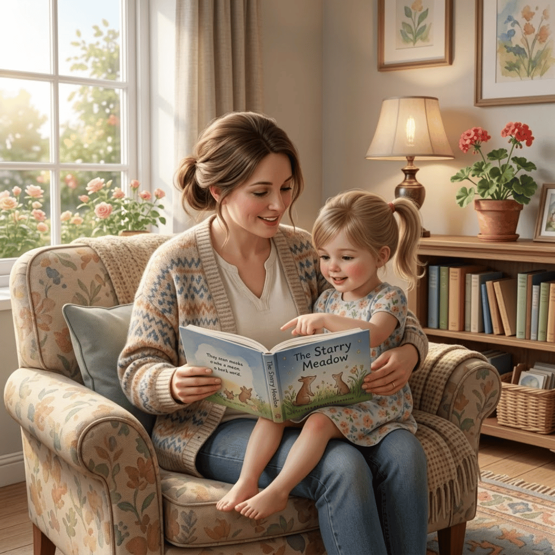 Mother teaching her young child to read in a sunlit room