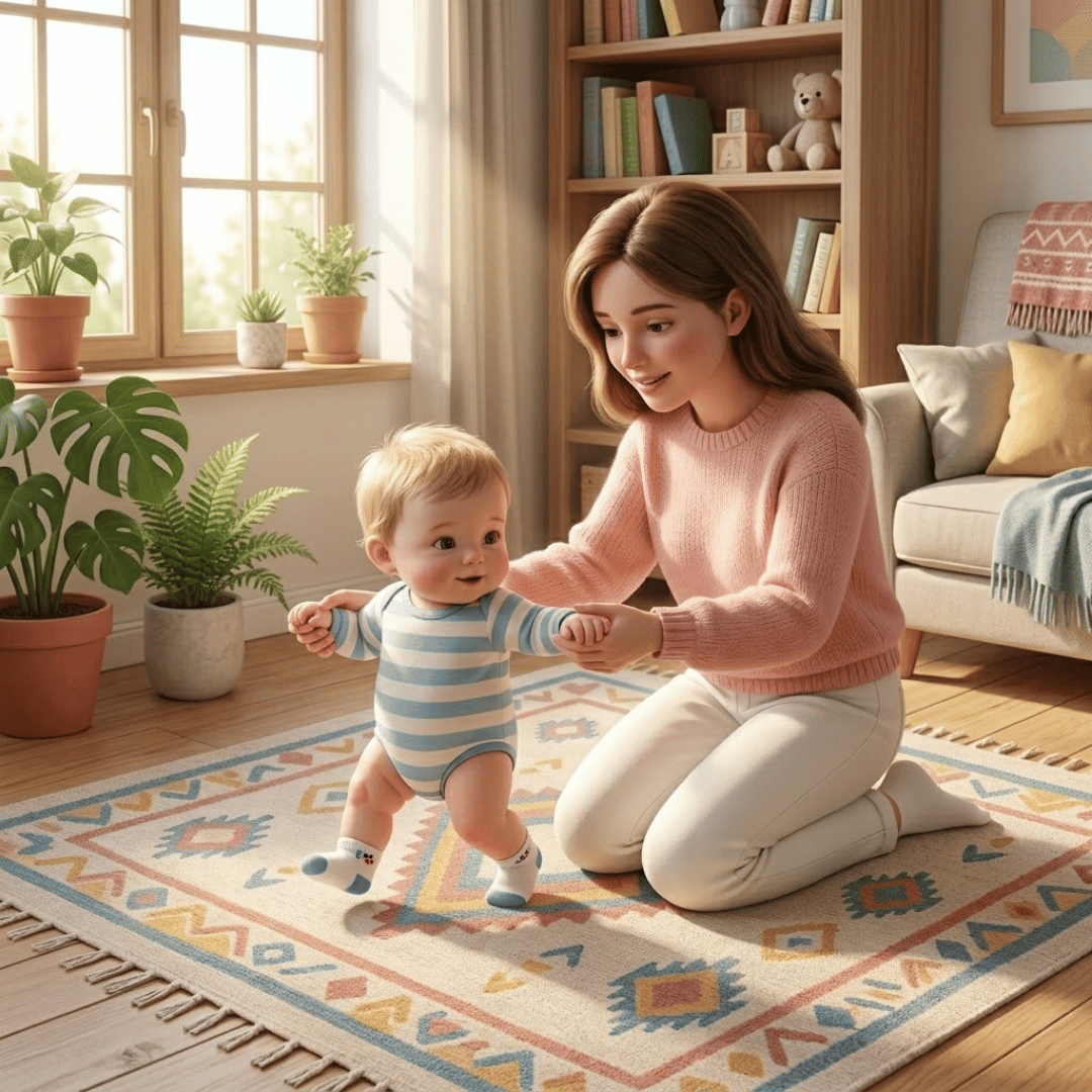 Baby taking first steps with mother